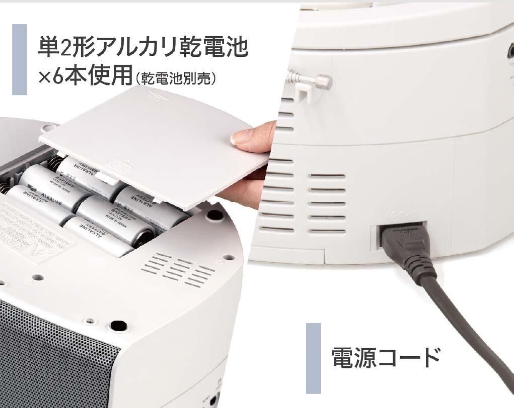 イメージ:乾電池でも電源コードでも使える、2電源対応