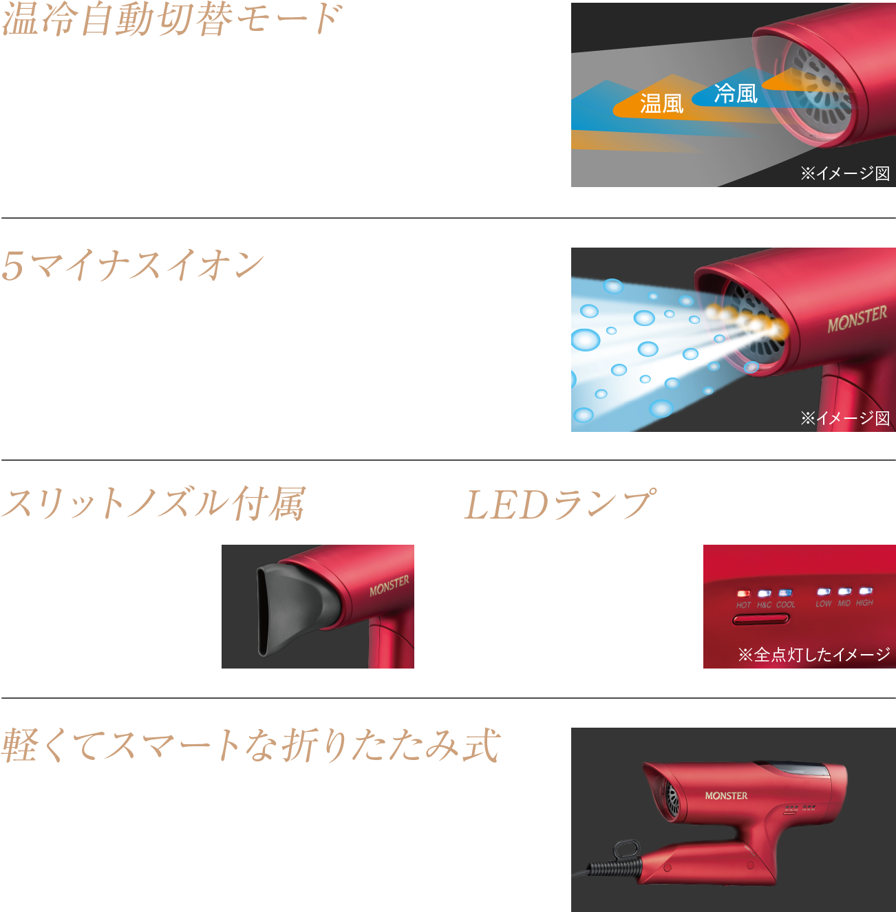 温冷自動切替モード ５マイナスイオン スリットノズル付属 LEDランプ 軽くてスマートな折りたたみ式